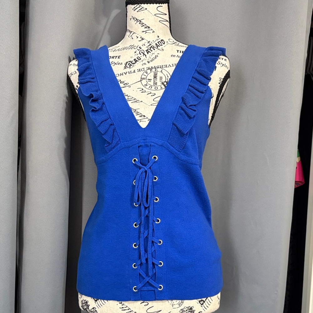 Express Royal Blue Lace-Up Ruffle Knit Tank